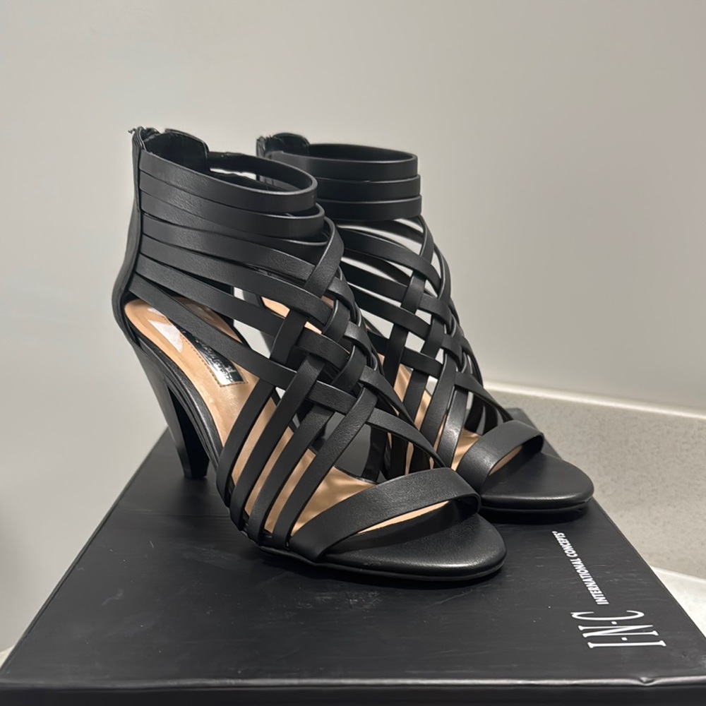 INC Garold Black Strappy Leather Heels with Woven Design